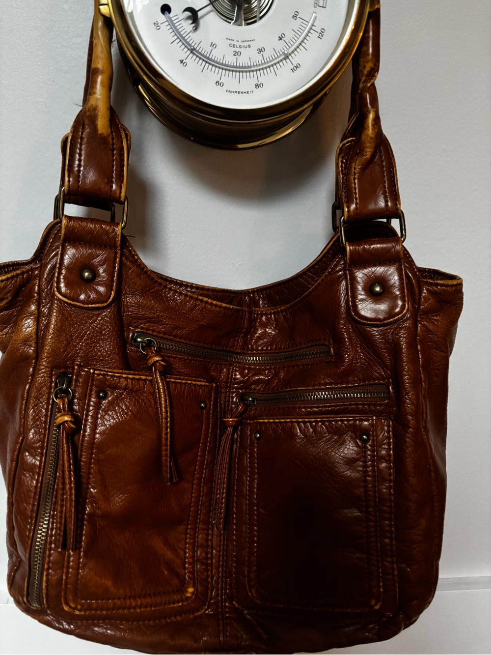 Bueno Hobo Shoulder Handbag Brown Faux Leather Zip Pockets Purse Satchel